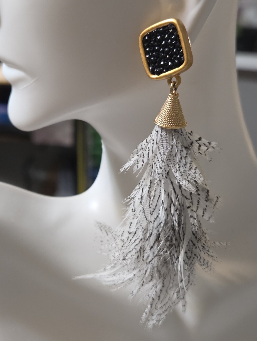 brackish gault pheasant goose feather statement earrings gold tone black white